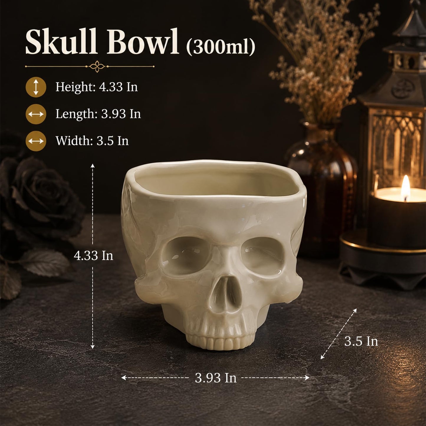 TALLGIRA Food Safe Ceramic Skull Bowl, Halloween Candy Bowl for Cereal Pasta Ice Cream, Microwave Dishwasher Skeleton Head Desk Decor (300, ml/min)