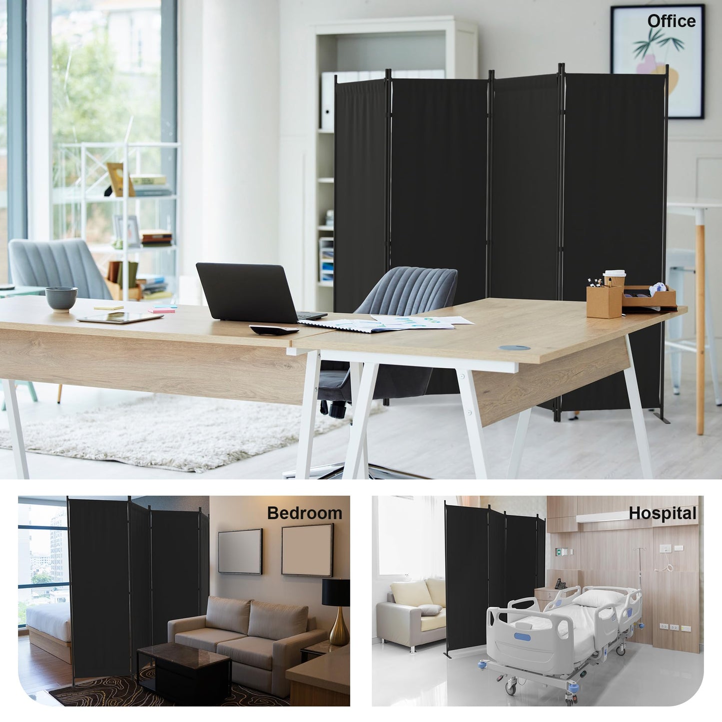 Room Divider, 4 Panel Folding Privacy Screen, 88” Portable Separating with 3 Metal Feet, Partition Room Dividers, Lightweight Freestanding Wall Divider Screen for Office Bedroom Hospital(Black)