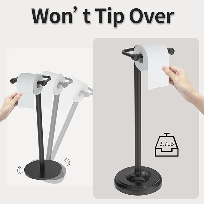 Toilet Paper Holder Stand, Matte Black Toilet Paper Holder Free Standing,Post Pivoting Design & Stable Weighted Base SUS304 Stainless Steel for Bathroom
