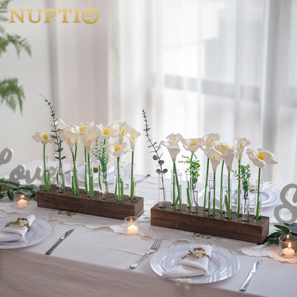 NUPTIO Vase Wedding Centerpiece for Table: 15" Long Rectangular Wooden Base and 12 Pcs Glass Test Tube Bud Vases for Flower Arrangement Dining Table Center Piece Home Decor Gifts for Plant Lovers