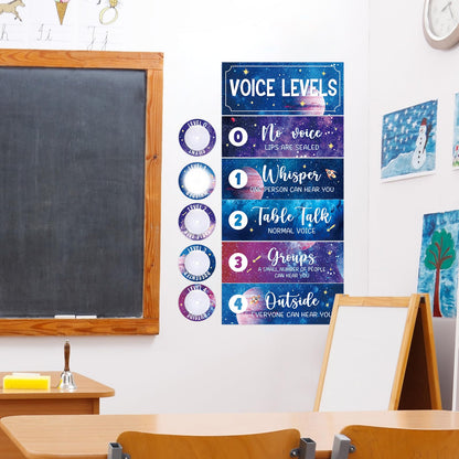 5 Pcs School Push Light and Voice Level Poster Voice Level Chart Monitor Rules Sign Galaxy LED Tap Light Classroom Rules Poster Solar System Classroom Management Tools for Teachers（Space Style）