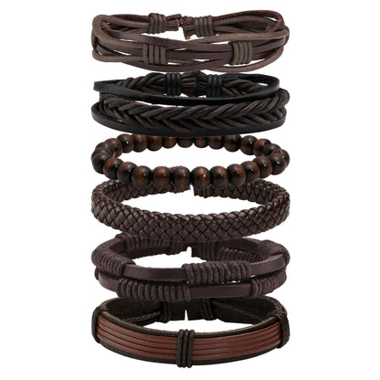 MILAKOO 6 Pcs Brown Braided Leather Bracelets for Men Women Cuff Wrap Wristbands
