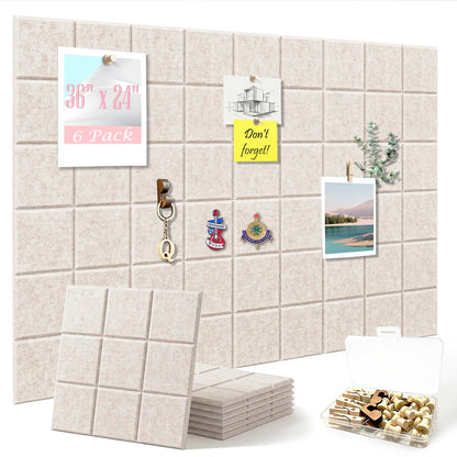 Large Felt Bulletin Board - 36" x 24" Self-Adhesive Felt Wall Tiles, Cork Boards Alternative, 6 Pack with 30 Wooden Push Pins, Cork Board for Walls, Office, Home & Classroom Decor, Pin Board - Oatmeal