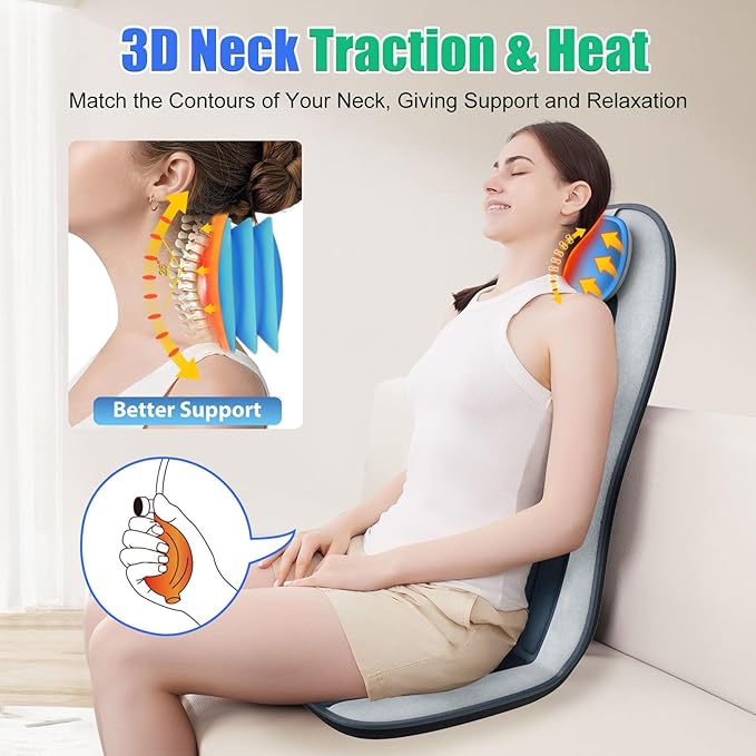Back Massager with Heat for Chair, Massage Chair Pad with Neck Support, Short Plush Cover & Vibration, Seat Cushion For Seniors, Office Workers & Family, Fatigue & Pain Relief in Office, Home & Travel