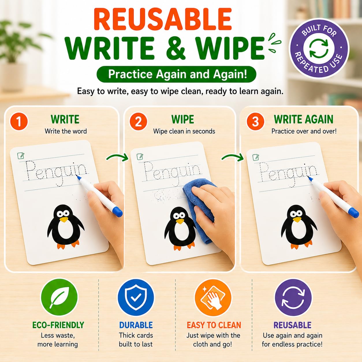 Write & Wipe Activity Cards for Kids, Reusable Tracing Flash Cards, Preschool Handwriting Practice Set, Letter Number Math Learning Activities Ages 3-6 (Sight Words)