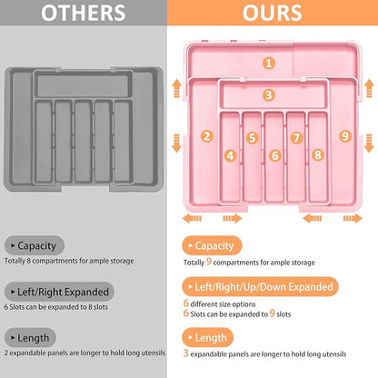 Spaclear Silverware Organizer Expandable Kitchen Utensil Drawer Organizer Large BPA Free Adjustable Cutlery Silverware Tray for Spoons Forks Knives Storage Divider for Kitchen Flatware 6-9 Slots Pink