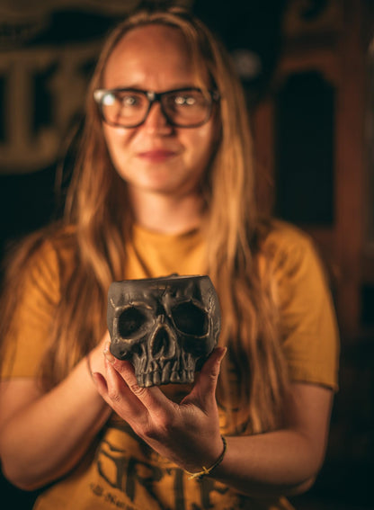 Skull Mug | Black Ceramic Coffee Cup (8 oz) | Gothic Halloween Mug for Tea, Espresso, Cocoa | Dishwasher & Microwave Safe | Unique Gift for Horror Fans, Goth Decor, Skeleton Lovers