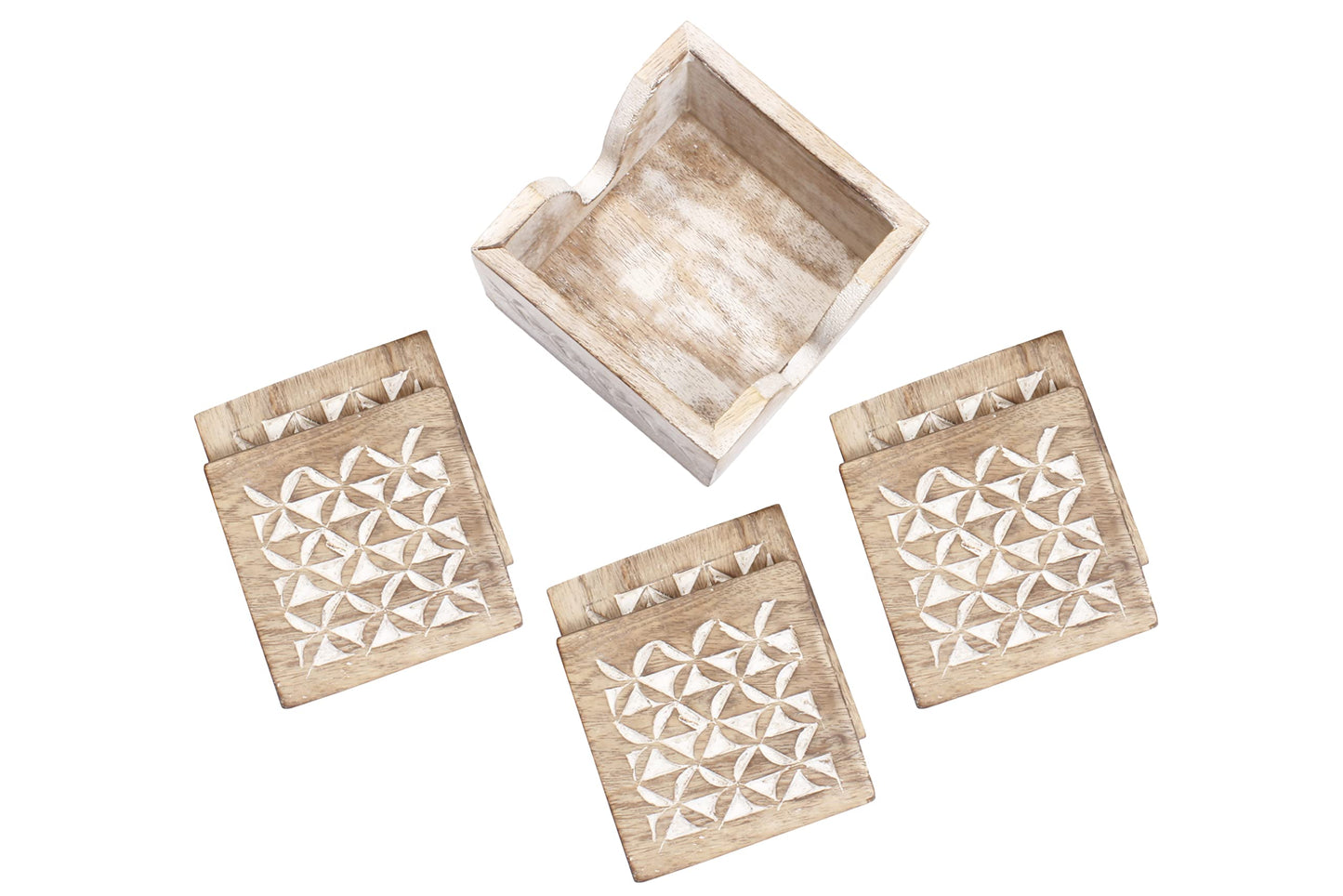 Wooden Set of 6 Whitewash Coasters with Holder Stand | White Distressed Coasters for Tea, Coffee & Drinks | Dining Table & Home Décor