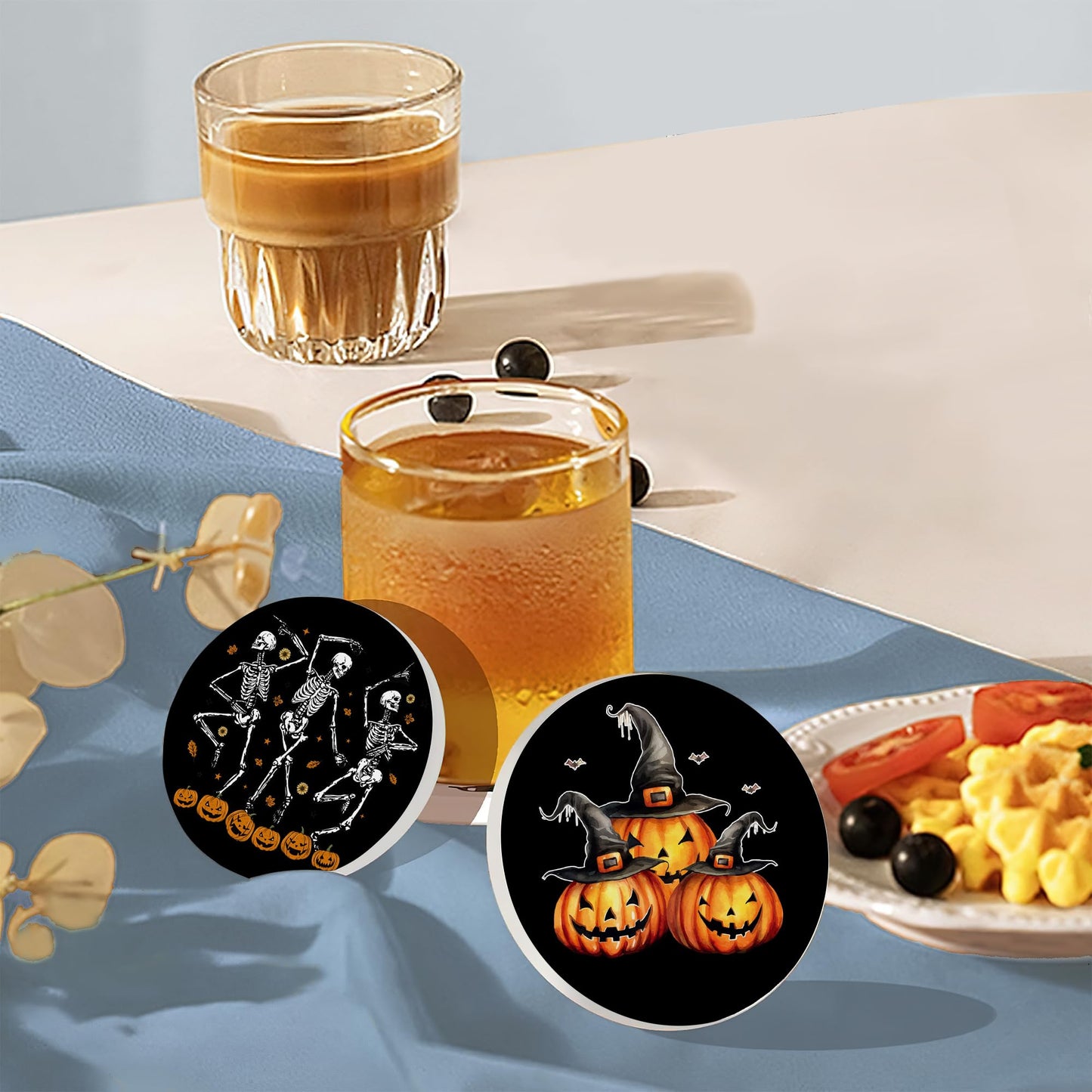 Coaster for Drinks Set of 6, Halloween Skeleton Skull Pumpkin Absorbing Round Ceramic Stone Coaster with Cork Base,Tabletop Protection Mat for Mugs and Cups,Coffee Table Wine Glass Home Bar 4 Inch