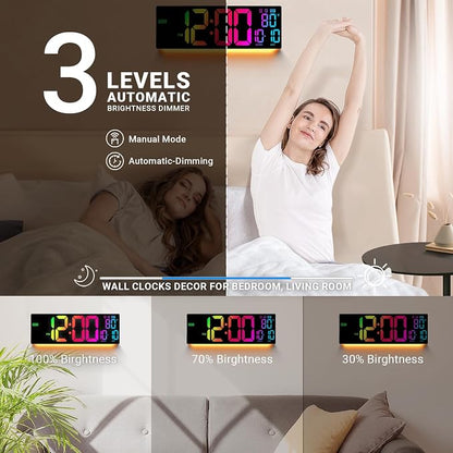 16.5" Large Digital Wall Clock: 11 RGB Color LED Display with Remote Control, Auto DST, Temperature & Date, Big Number Wall Clock for Seniors, Classroom, Office, Gym, Home Decor Black