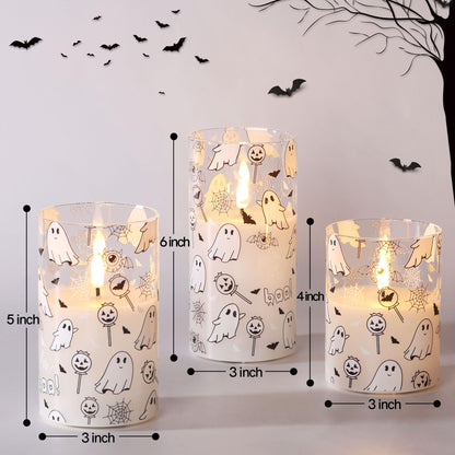 Girimax Glass Flameless Pillar Candles with Remote, Halloween Flickering LED Wax Candles Battery Powered Set of 3