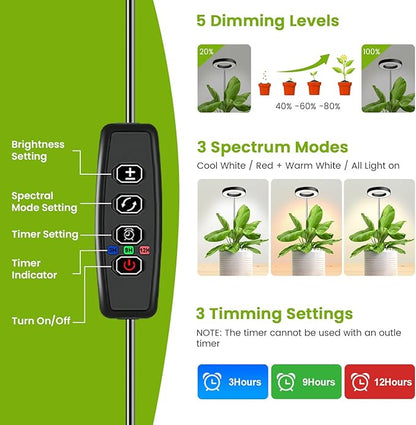 Kullinss Plant Light, 48 LEDs Full Spectrum Plant Lights for Indoor Growing, Halo Plant Light with 3/9/12H Timer, 3 Color Modes, 10 Brightness, Height Adjustable Grow Lamp for Small Plants (5 Pack)