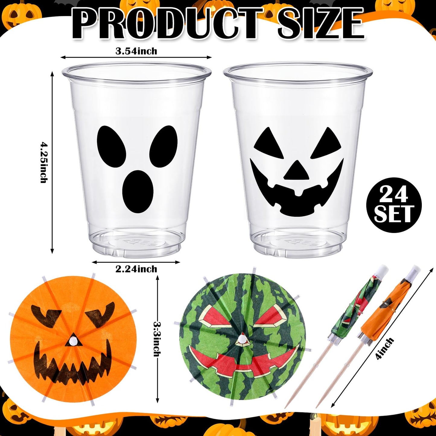 FoldTier 24 Set 12oz Summer Halloween Plastic Cups with Drink Umbrella Picks Bulk Halloween Cups with Cocktail Umbrella Stirrers Jack O Lantern Ghost Design for Trick or Treat Boo Party Supplies