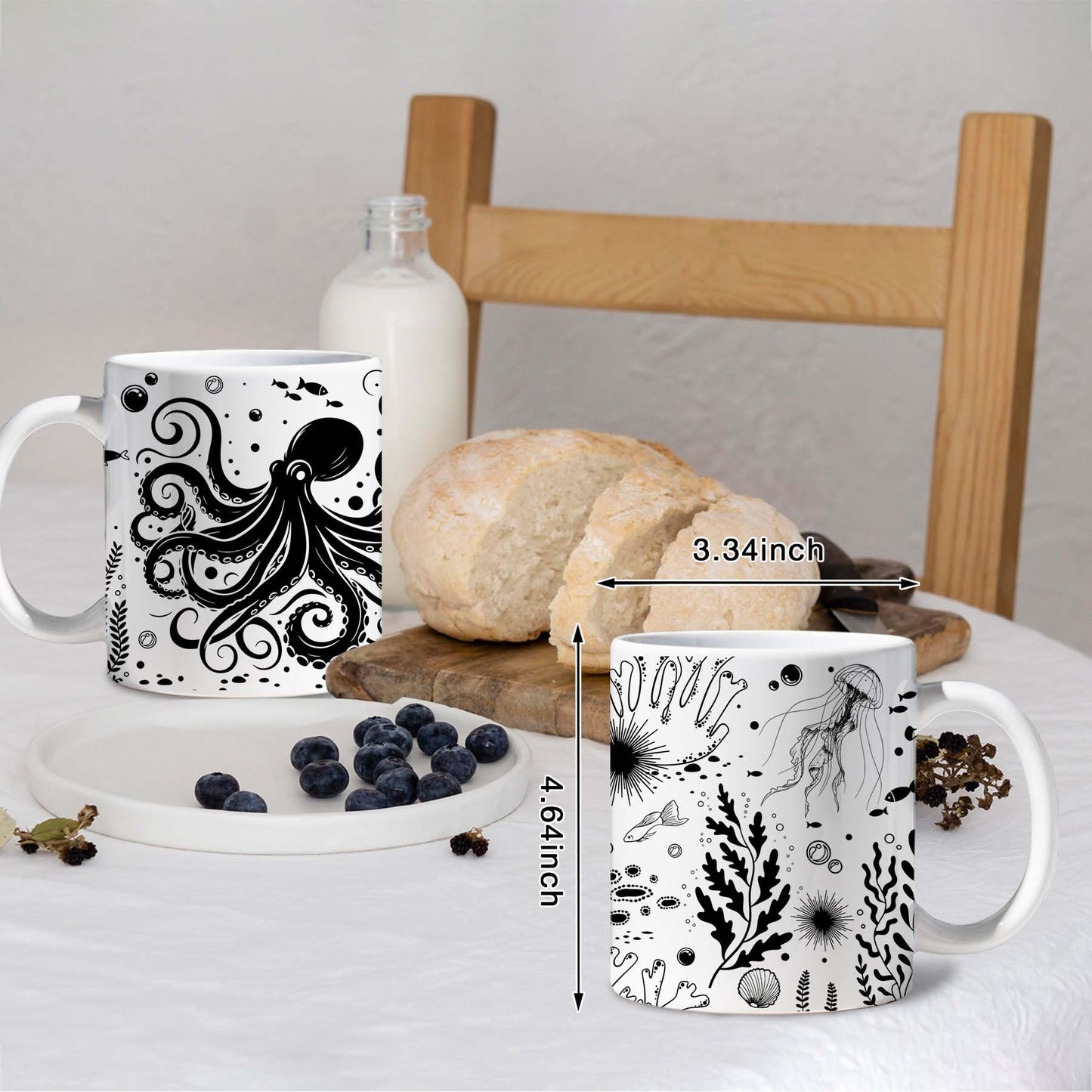15 oz White & Black Boho Ceramic Coffee Mug with Octopus Art - Comes with a Gift Card - Unique Novelty and Cool Mugs for Men and Women, Ocean Themed Decor and Fun Gifts
