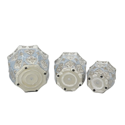 Galt International Light Blue & White Round Fluted Floral Porcelain Ceramic Plant Flower Planter Pot Set of 3 (7.5", 10", 13") Garden Pots Chinese Asian Design