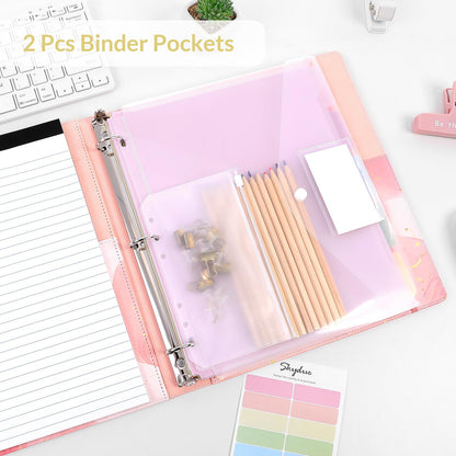 SKYDUE 1 Inch 3-Ring Binder with Clipboard, PU Binder with 5 Dividers, Notepad, Stickers & Pockets for Work and School - Aesthetic Binder (Letter Size)