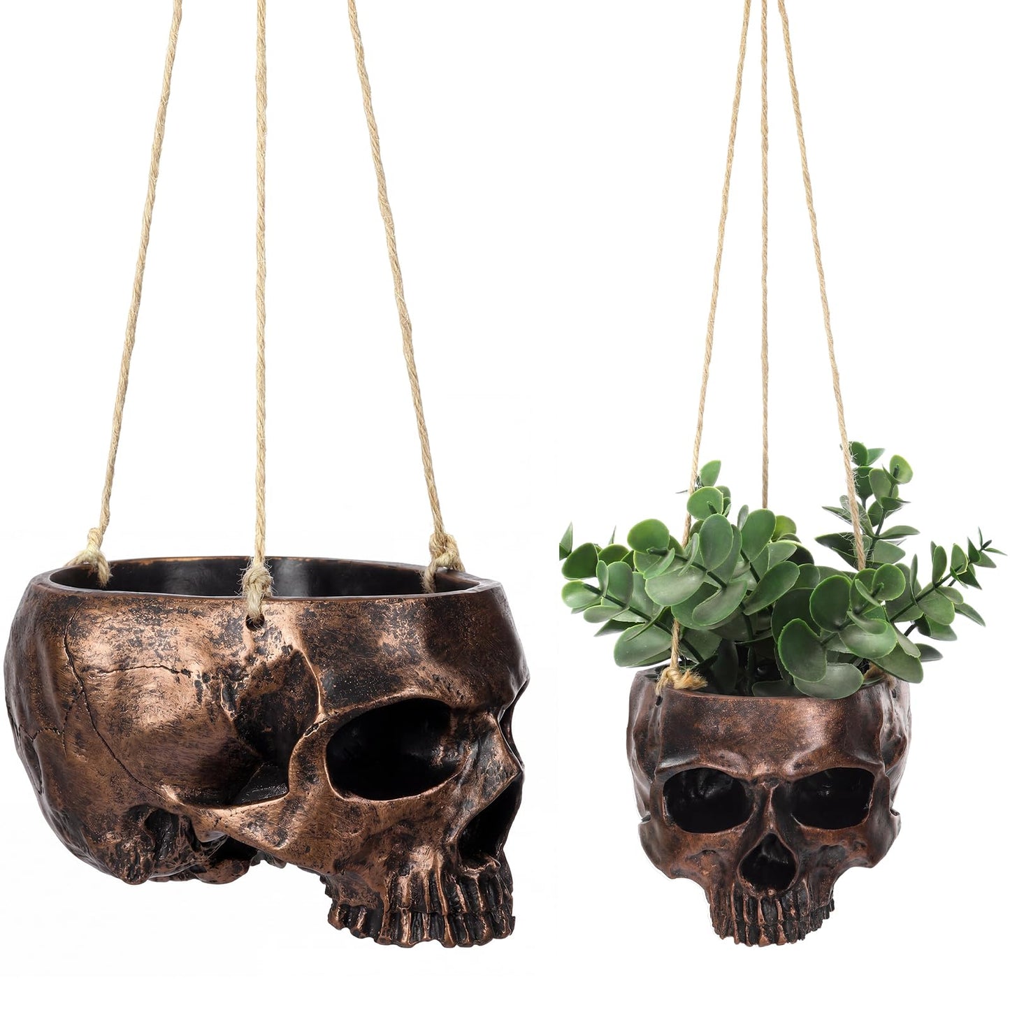Romooa 2 Pack Hanging Skull Planter Pot with Ropes Gothic Skeleton Plant Pot Skull Candy Bowl for Succulent Plants Flowers Horror Head Wall Decoration (Bronze)
