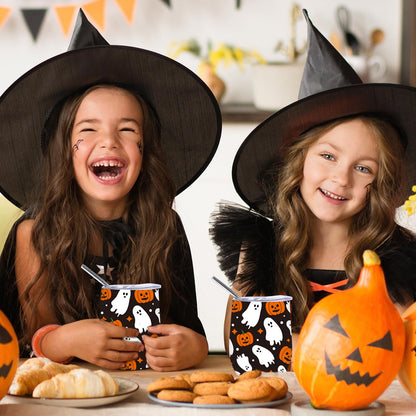 Whaline Halloween Stainless Steel Wine Tumbler with Straw and Lid Ghost Pumpkin Coffee Mug Black White Orange Insulated Tumbler for Hot and Cold Drinks