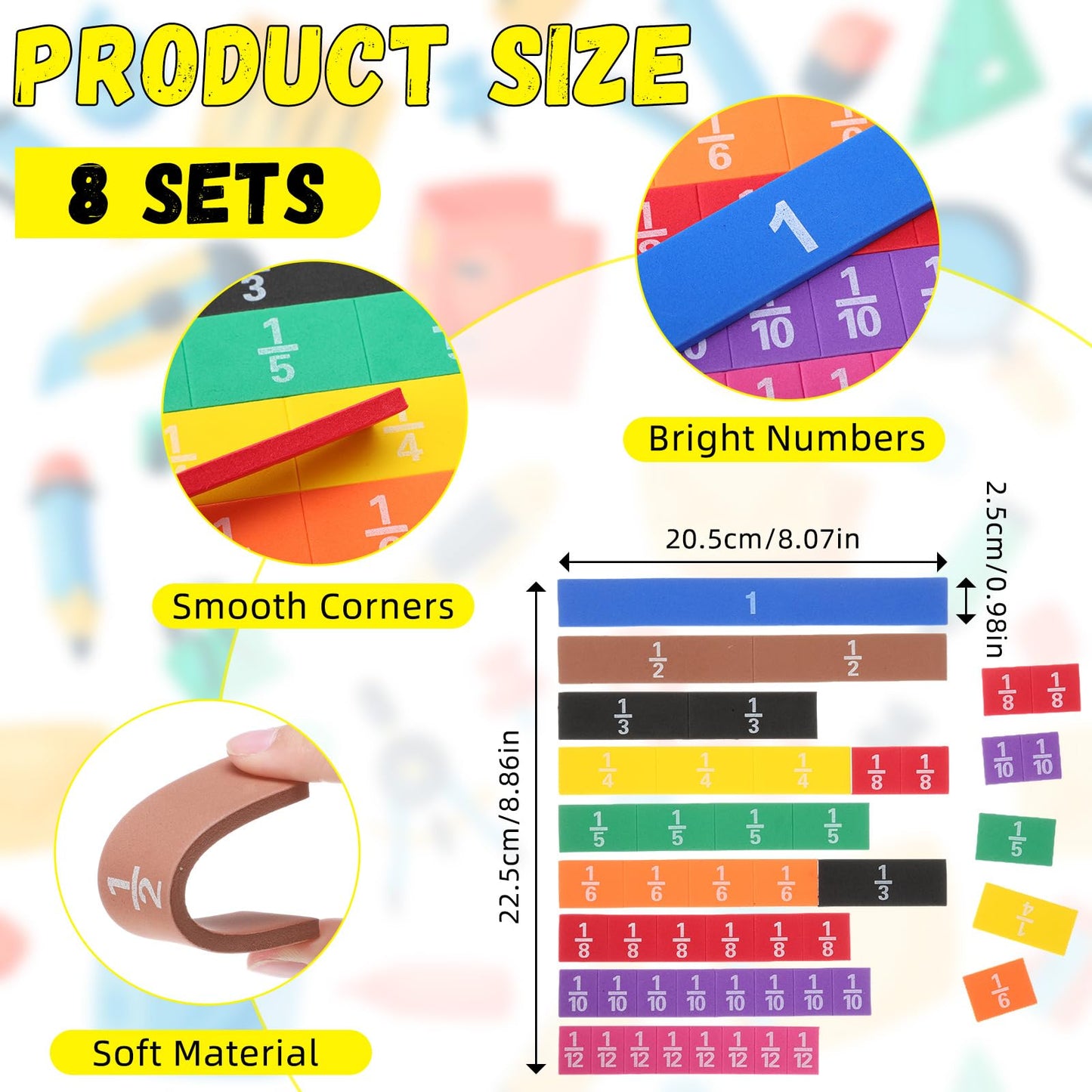 Sayglossy 8 Sets Fraction Tiles Set for Math Classroom Fractions Manipulatives Math Learning Manipulatives for Home School Supplies