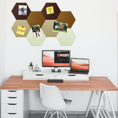 HULAVO 8 Pcs Hexagon Felt Cork Bulletin Board Tiles, Self Adhesive DIY Bulletin Board Pin Board for Office School Home Wall Decor Memos Photos Display (Gradual Brown)