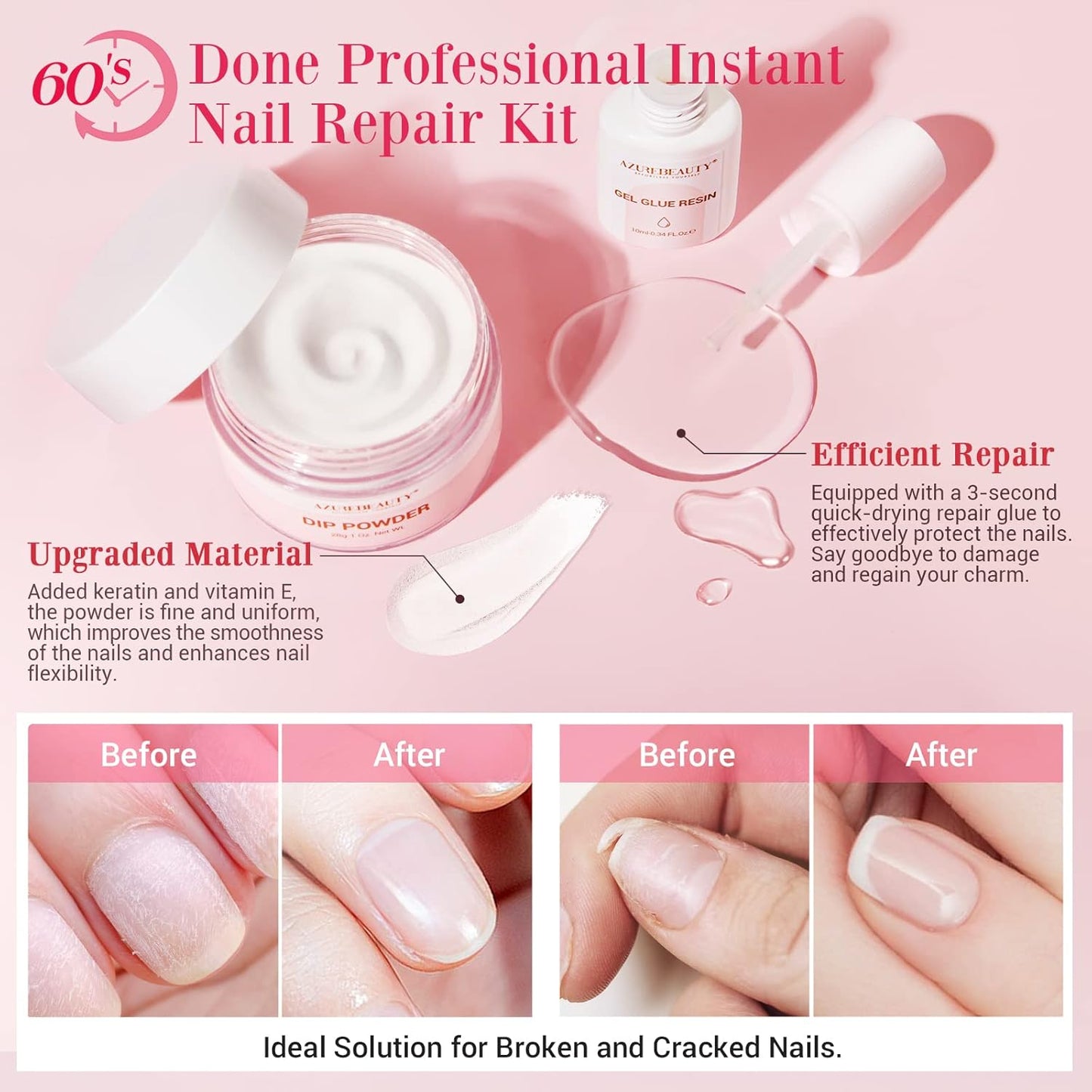 AZUREBEAUTY Nail Repair Kit Transparent Crystal for Broken Cracked Split Weak Nails, Ideal Solution Emergency Easy Quick Fix Dip Powder 28 g 1 Oz Quick-Drying Repair Glue 10 ml Nail File Nail Buffer