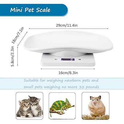 Newborn Kitten & Puppy Weight Scale, Multifunctional Digital Pet Scale, LCD Electronic Small Animal Food Scale, Weighing Max 33lbs, Tray Size 12" x 8", Not for Adult Cats/Dogs (White)