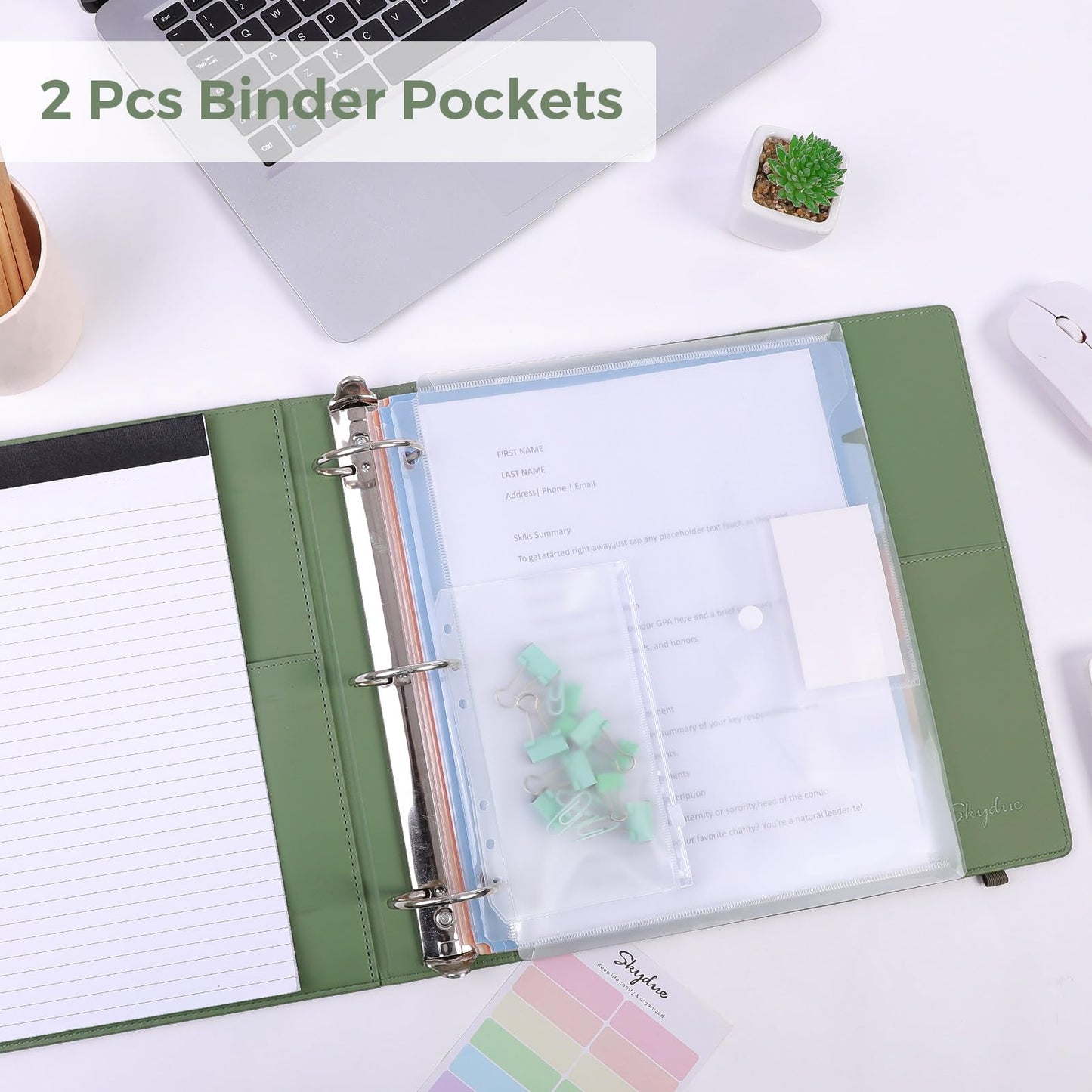 SKYDUE 3 Ring Binder with Clipboard, 2 Inch Binder, PU Clipboard Binder with Notepad & 5 Dividers with 5 Pockets, Labels, Clipboard Folder Great for School Office(Fit Letter Sized Paper)