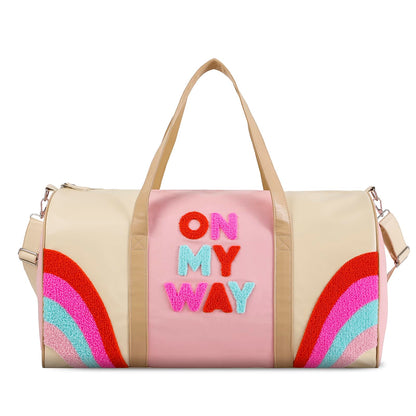 DYSHAYEN Chenille Letter Travel Duffle Bag Large PU Leather Weekender Overnight Bag for Women Carry on Bags Travel Tote（On My Way）