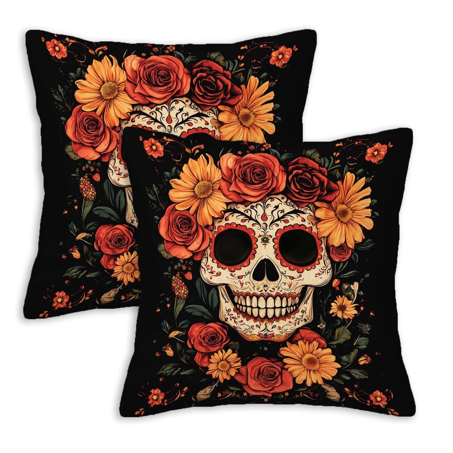 FexNuvko Sugar Skull Throw Pillow Covers 18x18 Set of 2, Day of the Dead Skull Floral Cushion Covers, Gothic Boho Decorative Pillowcase for Sofa Couch Living Room, Halloween Fall Home Decor