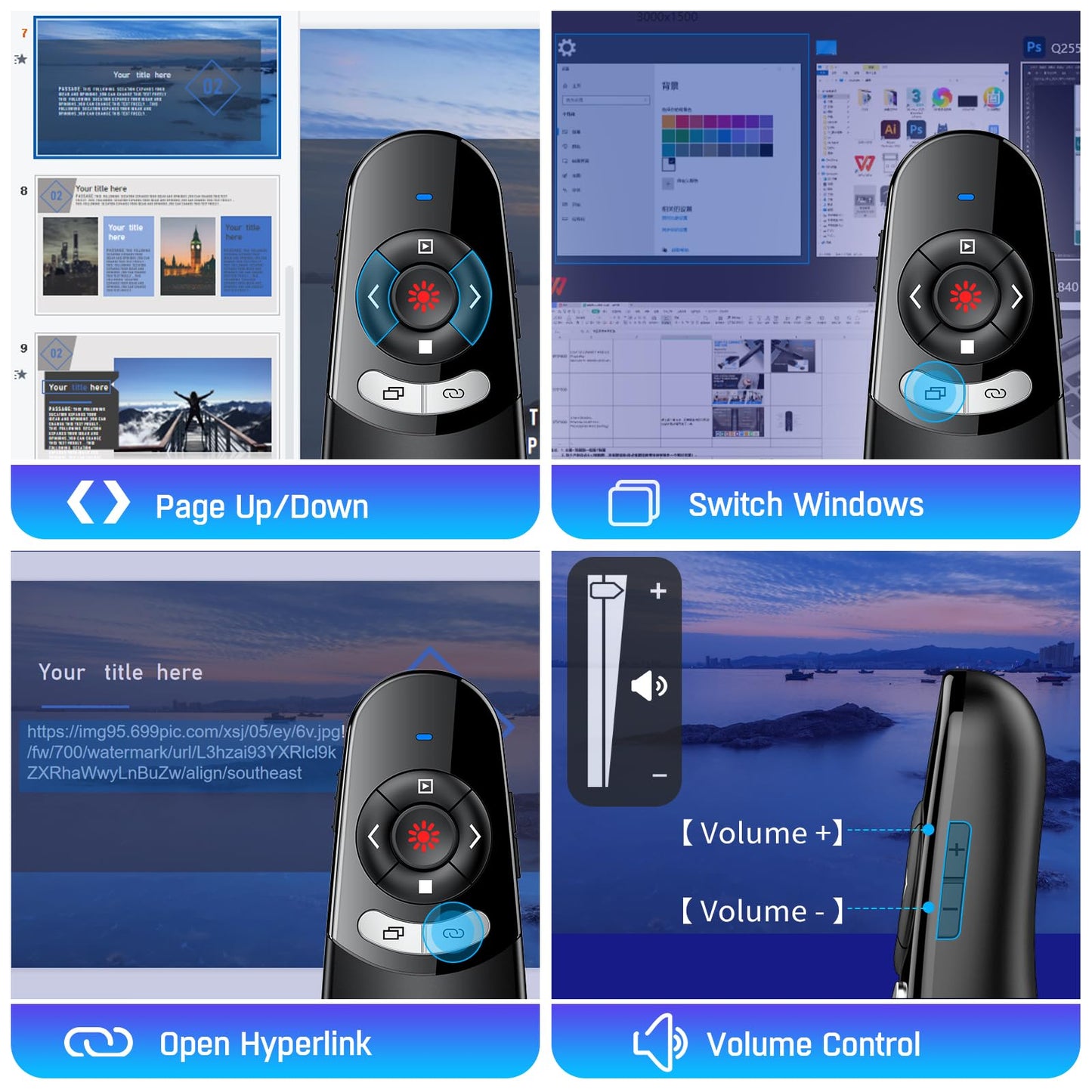 2 in 1 Type C USB Presentation Clicker，Wireless Presenter Remote PowerPoint Clicker for Computer Presentations with Volume Control,Slide Advancer for Mac Laptop