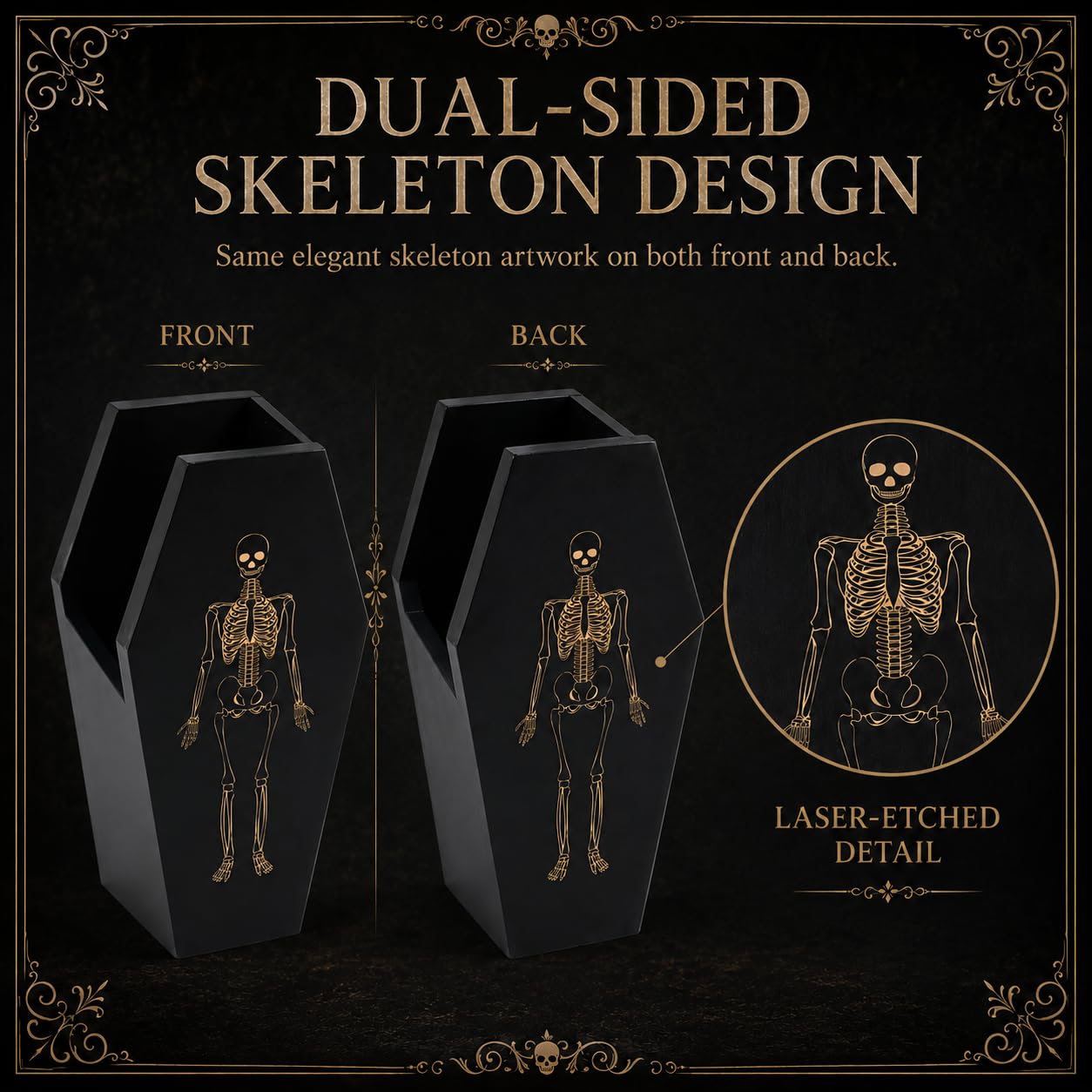 TOSOENPHY Halloween Gothic Kitchen Decor - Goth Coffin Utensil Holder (Utensils Not Included), Dual-Sided Laser-Etched Skeleton, Solid Wood Large Capacity for Spooky Bats Spoons Skull Spatulas