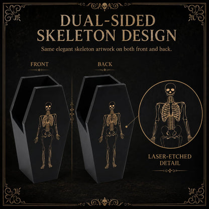 TOSOENPHY Halloween Gothic Kitchen Decor - Goth Coffin Utensil Holder (Utensils Not Included), Dual-Sided Laser-Etched Skeleton, Solid Wood Large Capacity for Spooky Bats Spoons Skull Spatulas