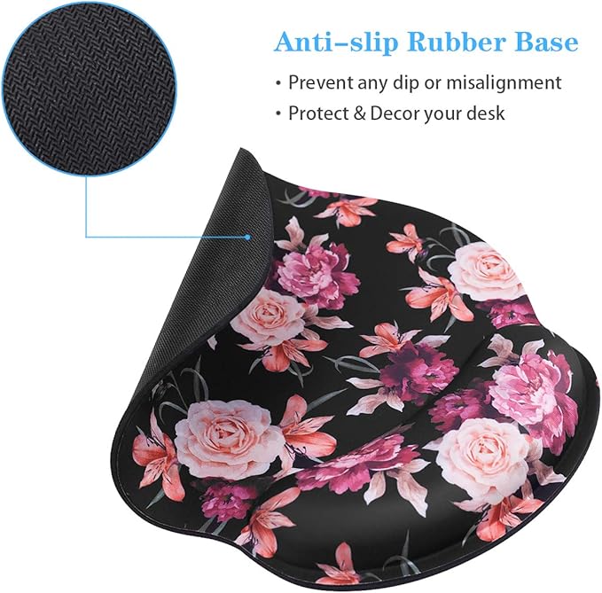 WAVEYU Mouse Pad with Wrist Support, Cute Designed Mouse Mat, Non-Slip Rubber Base Mousepad for Laptop, Computer, Black Flower
