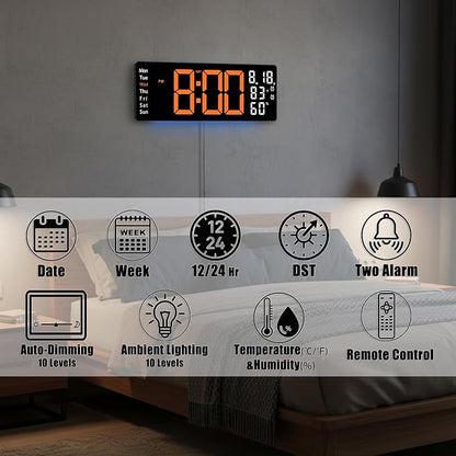 17.5 Inch Orange LED Digital Wall Clock with 8 Ambient Light Colors｜Displays Time,Date,Day,Temperature&Humidity,Dual Alarms,Countdown&Stopwatch,DST,10-Level Auto/Manual Brightness｜Modern Silent Clock