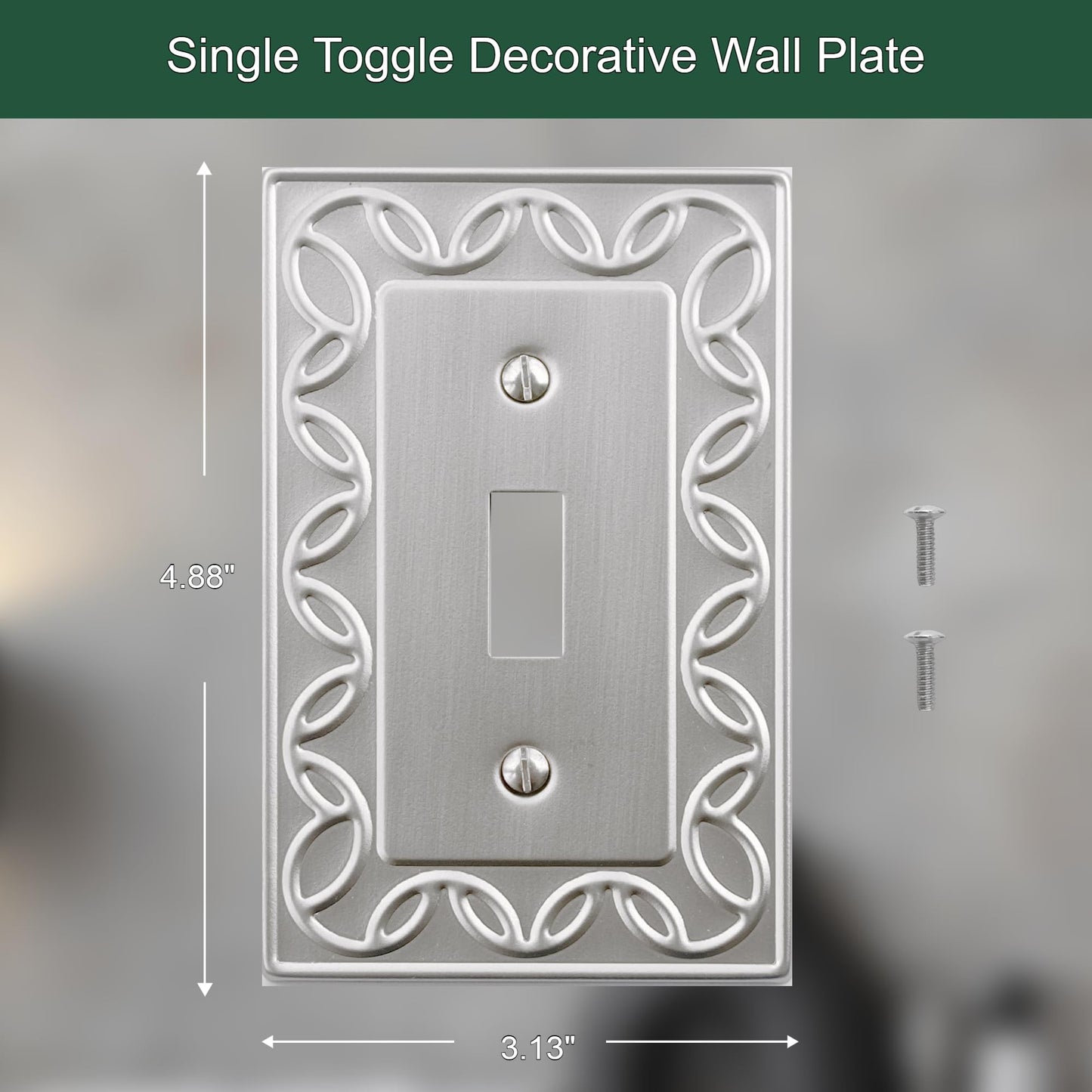 OKAWYC Single Toggle Light Switch Cover Plate, 4-Pack Brushed Nickel NovaBloom Metal Wall Plate 1 Gang, for Light Switch Cover, Switch Cover Decorative Wallplate, Durable