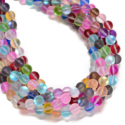10mm Matte Mixed Color Mermaid Aurora Crystal Glass Bead, Glitter Round Synthetic Moonstone Beads for Jewelry Making Bracelets