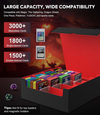 MoKo Trading Card Storage Box, 3000+ MTG Deck Box with 24 Colorful Dividers & 4 Card Supporters, Commander Card Deck Case Fits for Magic Game Cards, YugiOh, TCG, PTG and Sport Cards, Black Red