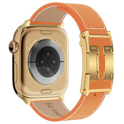 Leather Band Compatible with Apple Watch 49mm46mm45mm44mm42mm41mm 40mm38mm,Stylish Magnetic H Buckle Strap for iWatch Ultra 2/1/SE/Series 10/9/8/7/6/5/4/3/2/1 Women Men (Light Brown Band+Gold H Buckle, 38mm40mm41mm42mm)
