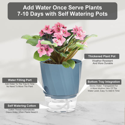 Self Watering Plant Pots 6 Inch, 3 Pack Plastic Indoor Planters with Wick Rope and Reservoir, Decorative Flower Pots for Spider Plant, Orchid, African Violet, Home Office Decor (White, Pink, Blue)