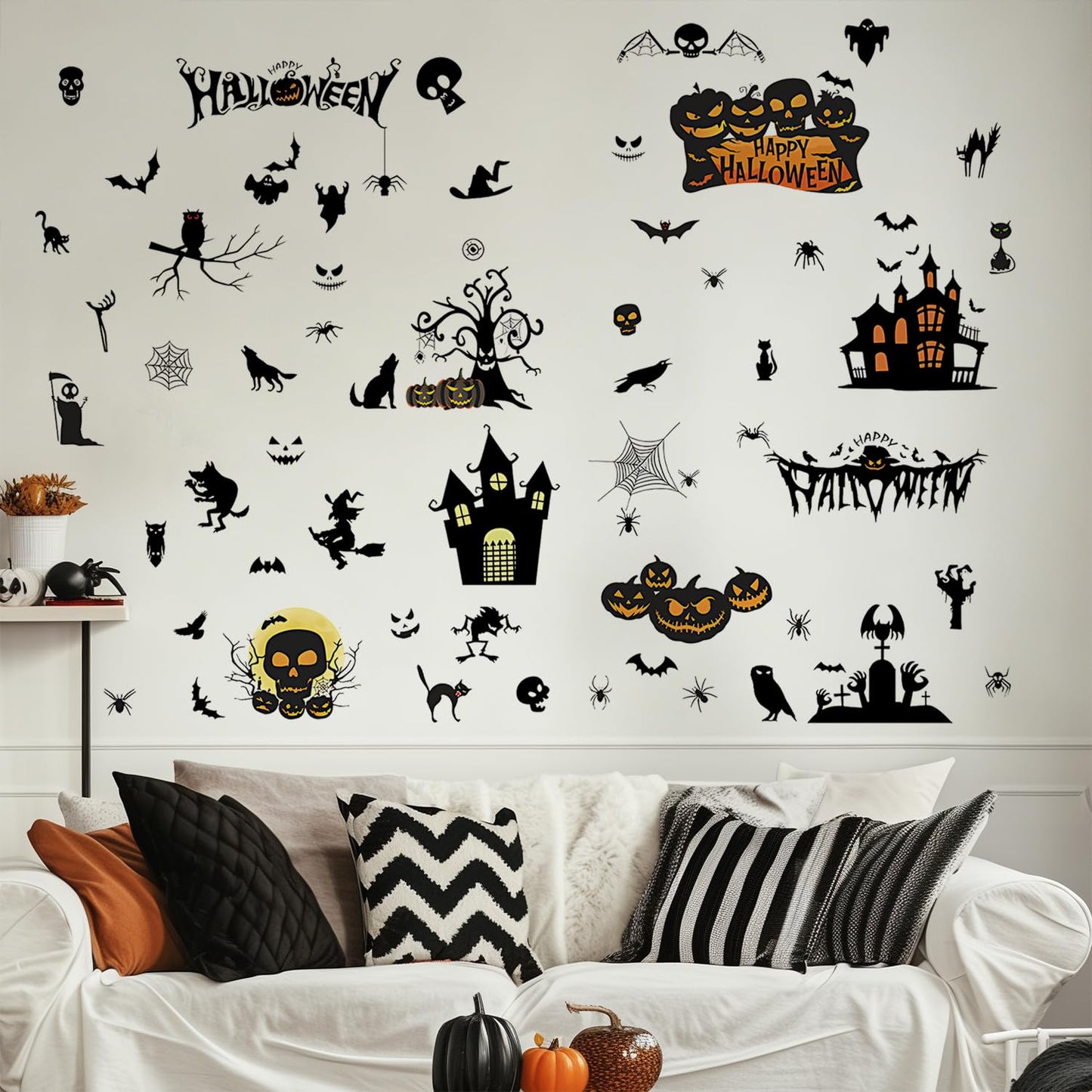 Halloween Wall Decals Stickers, Black Haunted Castle Pumpkin Skeleton Window Clings, Removable Spooky Spider Web Witch Silhouette Wall Stickers for Party Home Decor