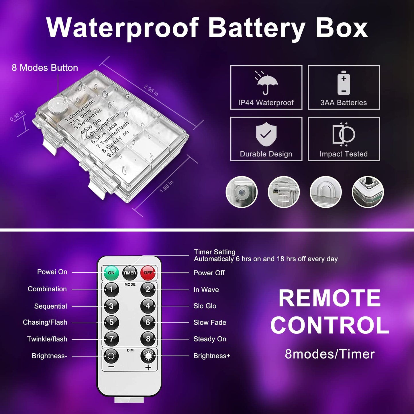 JMEXSUSS 2 Pack Purple Lights Battery Operated Halloween Lights Outdoor Waterproof, Each 33 ft 100 LED Battery Powered Rope Lights, Purple String Light with Remote for Balcony Garden Halloween Decor
