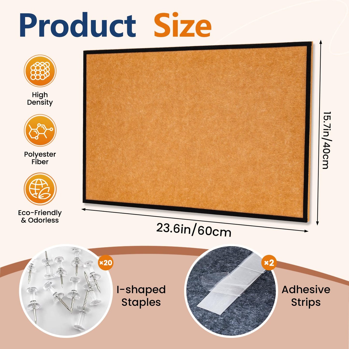 Felt Bulletin Board 23.6 x 15.7 Inch – Black Frame, Corkboard Alternative for Vision Board, Wall-Mounted Notice Board with 20 Push Pins, Home, Office & Classroom Organization – Longan Yellow