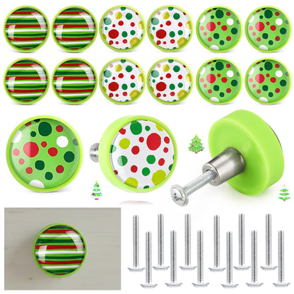 Fumete 12 Pieces Christmas Green Cabinet Knobs Covers Cute Green and Red Drawer Knobs Table Dressing Cupboard Wardrobe Closet with Screws for Holiday Winter Christmas Decor, 1.1 Inches/ 28 mm