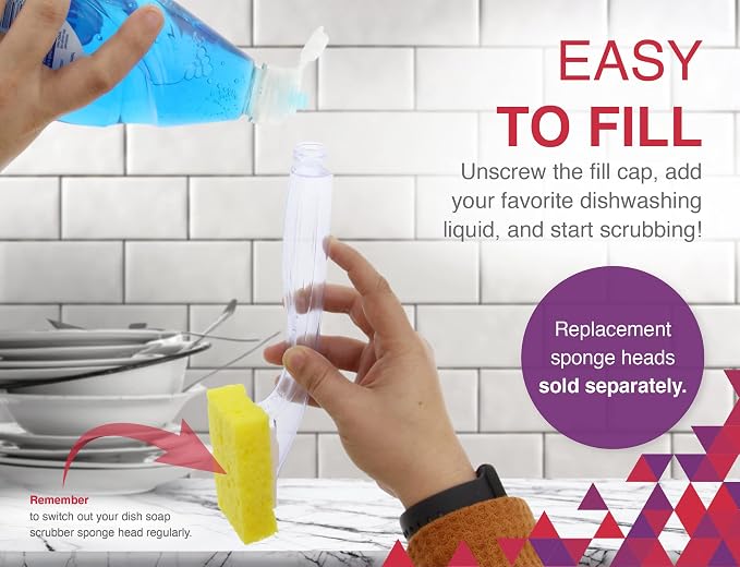 Arrow Dish Sponge w/Soap Dispenser Handle - Fillable Dish Wand for Quick, Convenient Cleaning - Easy to Refill - Built-In Scrubber for Dishes & Pans