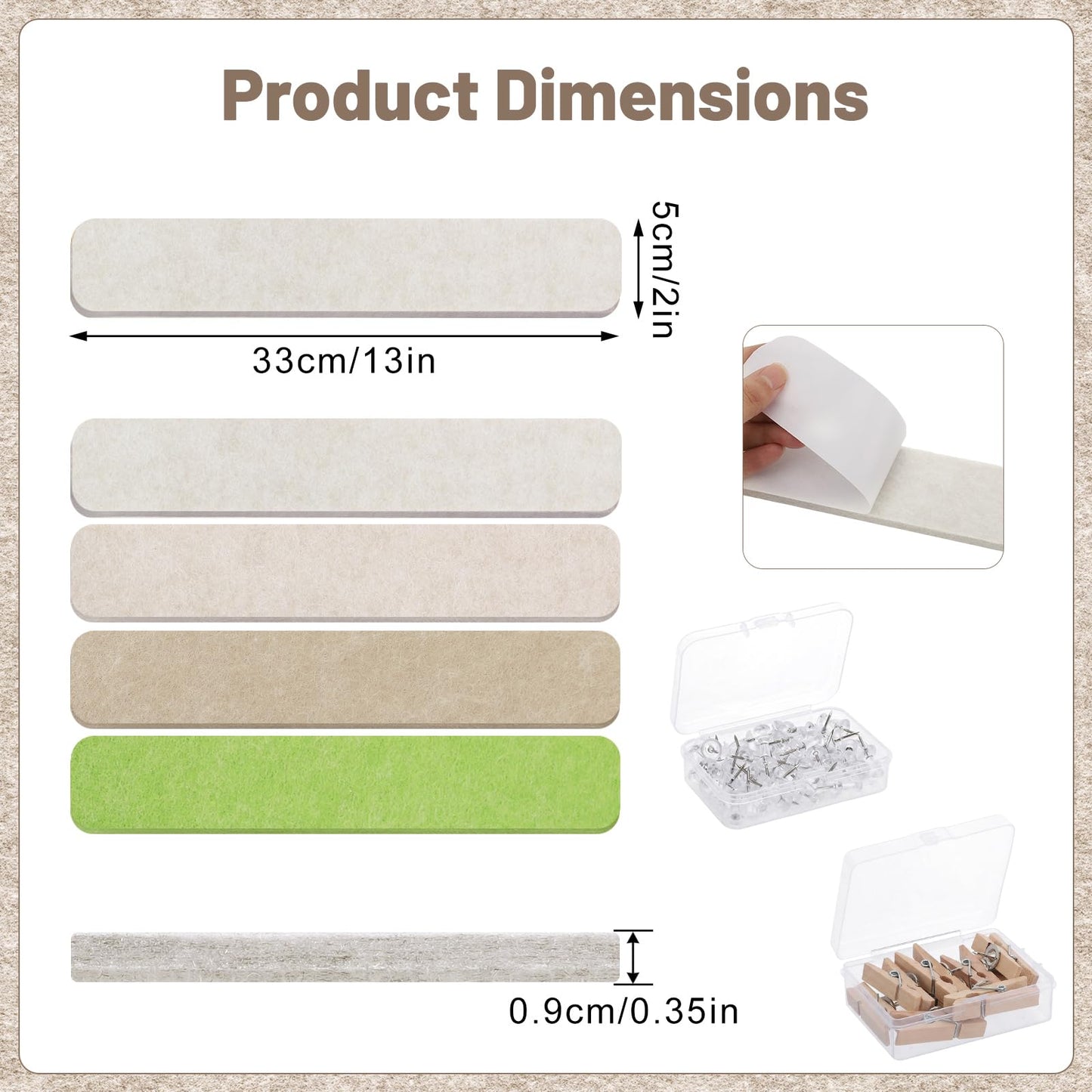 Thboxes 8 Pack Felt Bulletin Board Strips, 13x2 Inch Self Adhesive Felt Pin Boards with 50 Pushpins and 10 Wooden Clips Push Pins, Cork Board for Walls Home Office Decor(Natural Earth Tones)