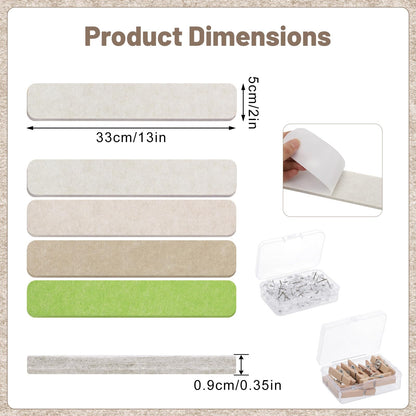 Thboxes 8 Pack Felt Bulletin Board Strips, 13x2 Inch Self Adhesive Felt Pin Boards with 50 Pushpins and 10 Wooden Clips Push Pins, Cork Board for Walls Home Office Decor(Natural Earth Tones)