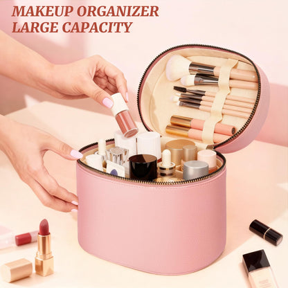 MaqSacion Makeup Bag Vanity Case for Women Leather Cosmetic Bag Makeup Organizer Case Portable Travel Toiletry Bag With Removable Compartments and Handle - Pink