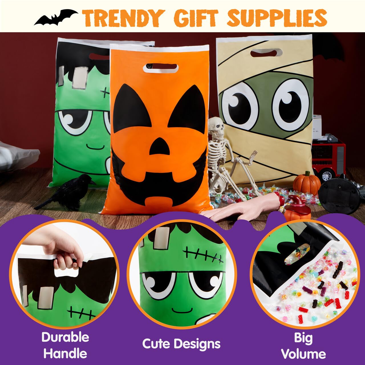 JOYIN 72 Pcs Halloween Goodie Bag for Trick-or-Treating, Plastic Snacks Bags for Kids Party Favors, Halloween Trick or Treat Candy Bags for Event Party Favor Supplies