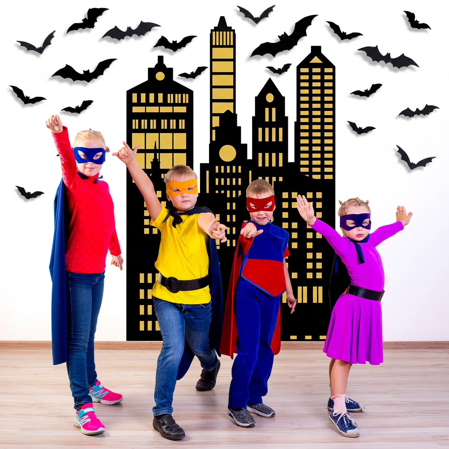 Tingjoo 61 Pcs Bat City Backdrop Photography Background Include 60 Pcs 3D Bats Vampire Wall Decal Stickers Skyscraper City Background for Hero Theme Birthday Party Supplies