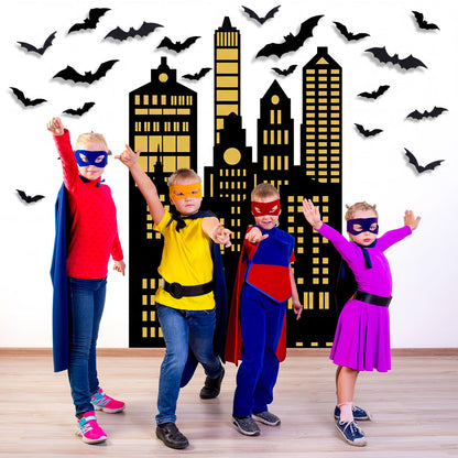 Tingjoo 61 Pcs Bat City Backdrop Photography Background Include 60 Pcs 3D Bats Vampire Wall Decal Stickers Skyscraper City Background for Hero Theme Birthday Party Supplies